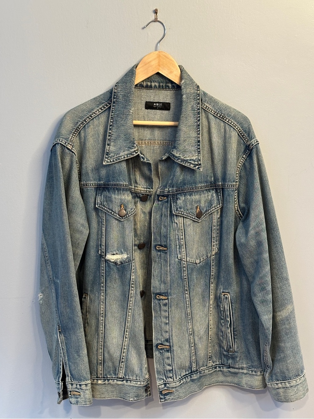 ABLE Distressed Denim Jacket 2X Oversized Vintage Wash